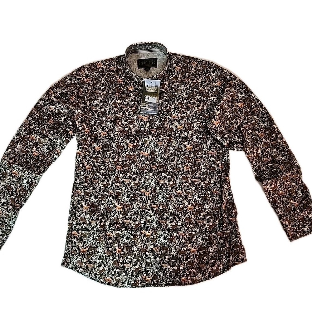 New Madison Creek Men's Medium Deer Print Long Sleeve Western Pearl‎ Snap NWT